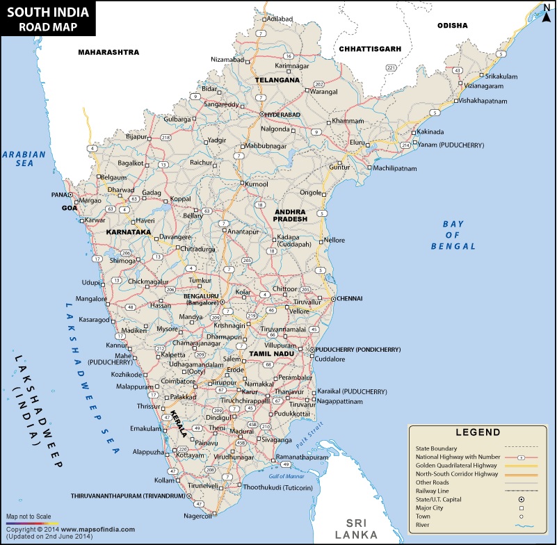 Indian map for Travel to South India