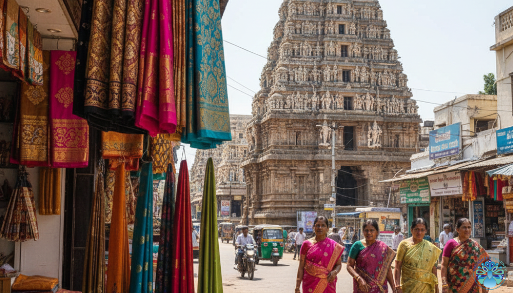Kanchipuram city street with silk saree shops and temple gopuram