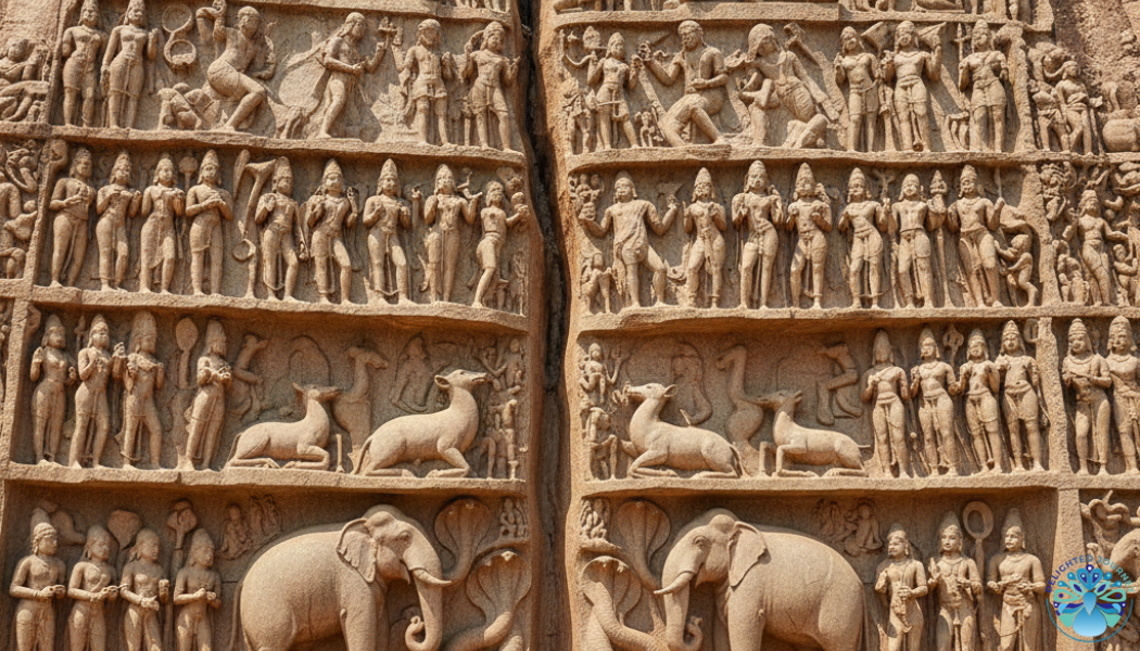 Arjuna’s Penance rock relief in Mahabalipuram with detailed Hindu carvings